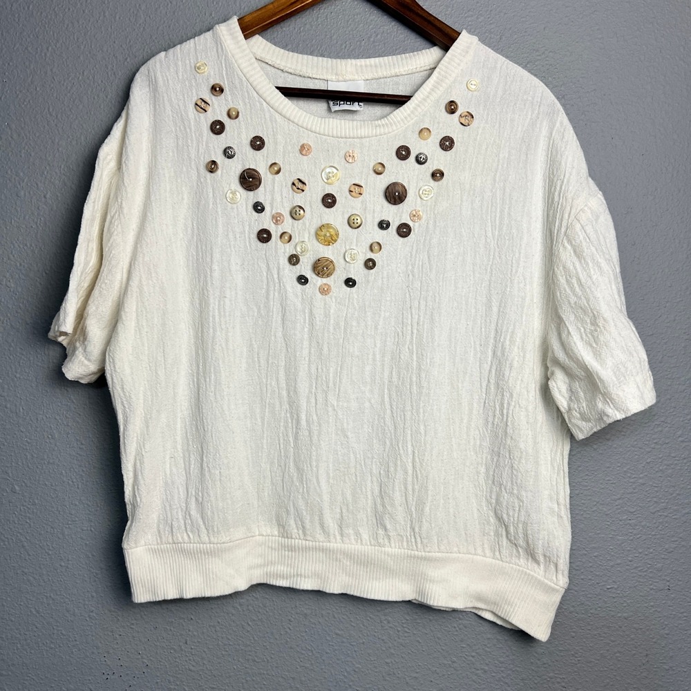 Teddi Sport Button Embellished Top Textured Knit Boho Cottagecore Sh/SL Cream Lg